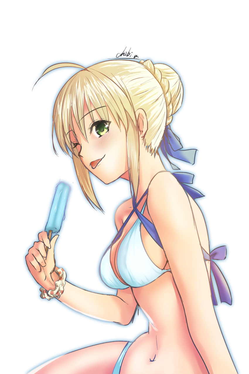 absurdres ahoge artoria_pendragon_(fate) bare_arms bikini blonde_hair blue_ribbon braid braided_bun breasts chibimaru-k cleavage criss-cross_halter fate/stay_night fate_(series) female food green_eyes hair_bun hair_ribbon halterneck highres holding holding_food medium_breasts one_eye_closed popsicle ribbon saber_(fate) scrunchie short_hair_with_long_locks sideboob sidelocks simple_background sitting solo swimsuit tongue tongue_out white_background white_bikini white_scrunchie wrist_scrunchie