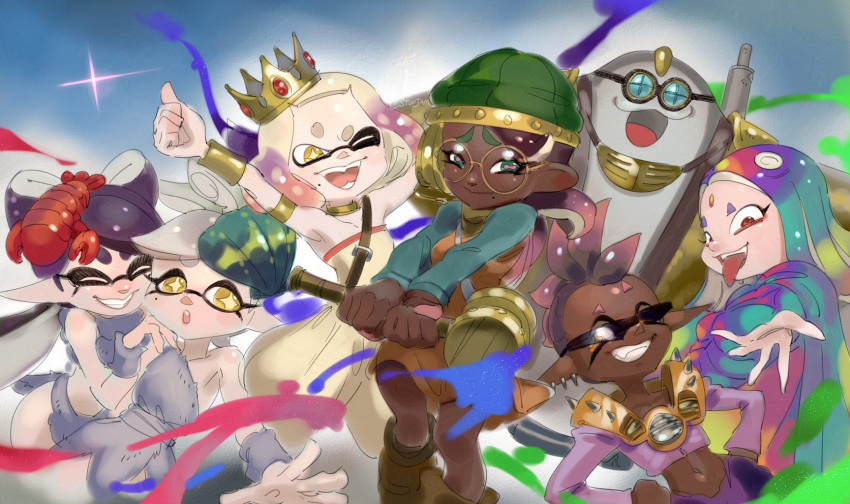 1boy 6+girls ayla_(chrono_trigger) ayla_(chrono_trigger)_(cosplay) big_man_(splatoon) callie_(splatoon) cephalopod_eyes chrono_trigger commentary cosplay dark-skinned_female dark_skin fangs food food_on_head frye_(splatoon) glasses goggles highres johnny_(chrono_trigger) johnny_(chrono_trigger)_(cosplay) kino_(chrono_trigger) kino_(chrono_trigger)_(cosplay) lucca_ashtear lucca_ashtear_(cosplay) marie_(splatoon) marina_(splatoon) marle_(chrono_trigger) marle_(chrono_trigger)_(cosplay) mohawk multiple_girls object_on_head pearl_(splatoon) pointy_ears robo_(chrono_trigger) robo_(chrono_trigger)_(cosplay) round_eyewear shiver_(splatoon) smile spiked_hair splatoon_(series) splatoon_1 splatoon_2 splatoon_3 stup-jam sunglasses symbol-shaped_pupils yellow_eyes