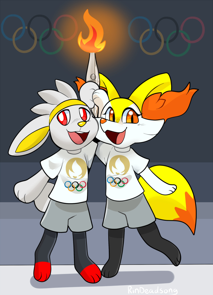 2024 2024_paris_olympics anthro bottomwear braixen buckteeth cel_shading chibi clothing colored digital_media_(artwork) dipstick_tail duo eyelashes female fire generation_6_pokemon generation_8_pokemon grey_background grey_bottomwear grey_clothing grey_shorts hair hi_res holding_object inner_ear_fluff male markings nintendo olympics open_mouth open_smile orange_eyes orange_inner_ear orange_inner_ear_fluff orange_nose orange_tail_tip pink_tongue pokemon pokemon_(species) raboot red_eyes rindeadsong shaded shirt shorts simple_background smile tail tail_markings teeth tongue topwear torch tuft white_body white_clothing white_ears white_hair white_shirt white_topwear yellow_ears yellow_inner_ear yellow_nose yellow_tail