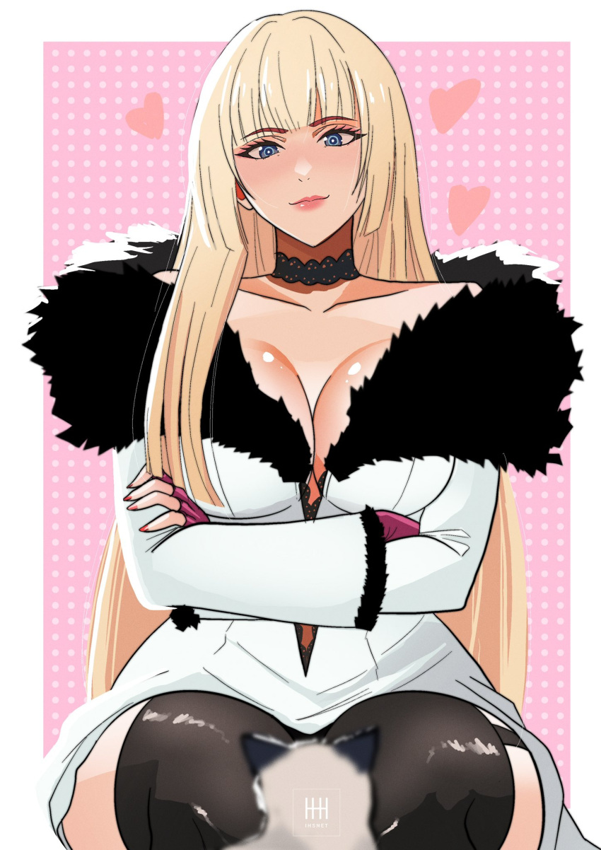 1other alternate_costume artist_logo artist_name black_thighhighs blonde_hair blue_eyes blunt_bangs border breasts cleavage crossed_arms dotted_background dress feline female fingerless_gloves fur_trim gloves heart highres ihsnet large_breasts lili_(tekken) long_hair long_sleeves official_alternate_costume pink_background red_gloves red_nails smile tekken tekken_8 thighhighs white_border white_dress