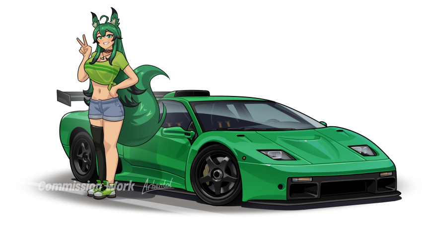 absurdres ahoge animal_ears arhentol artist_name black_thighhighs blue_shorts car commentary commission english_commentary female green_car green_eyes green_footwear green_hair green_shirt grin hand_on_own_hip hand_up highres lamborghini lamborghini_diablo long_hair midriff motor_vehicle navel original shirt shoes short_shorts shorts simple_background single_thighhigh smile sneakers solo sports_car tail thighhighs tied_shirt v vehicle_focus white_background