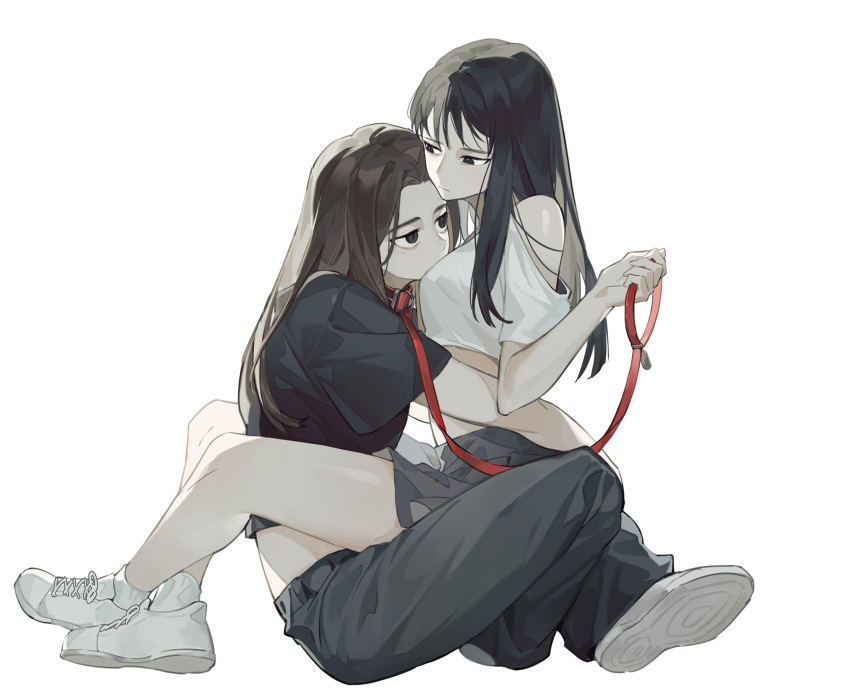 2girls akechi_(826988799) arms_around_waist black_eyes black_pants black_shirt black_skirt brown_hair closed_mouth collar commentary_request highres holding holding_leash huh_yun-jin korean_commentary le_sserafim leash long_hair looking_at_another multiple_girls nakamura_kazuha off-shoulder_shirt off_shoulder pants real_life shirt short_sleeves simple_background sitting sitting_on_lap sitting_on_person skirt socks white_background white_footwear white_shirt white_socks yuri