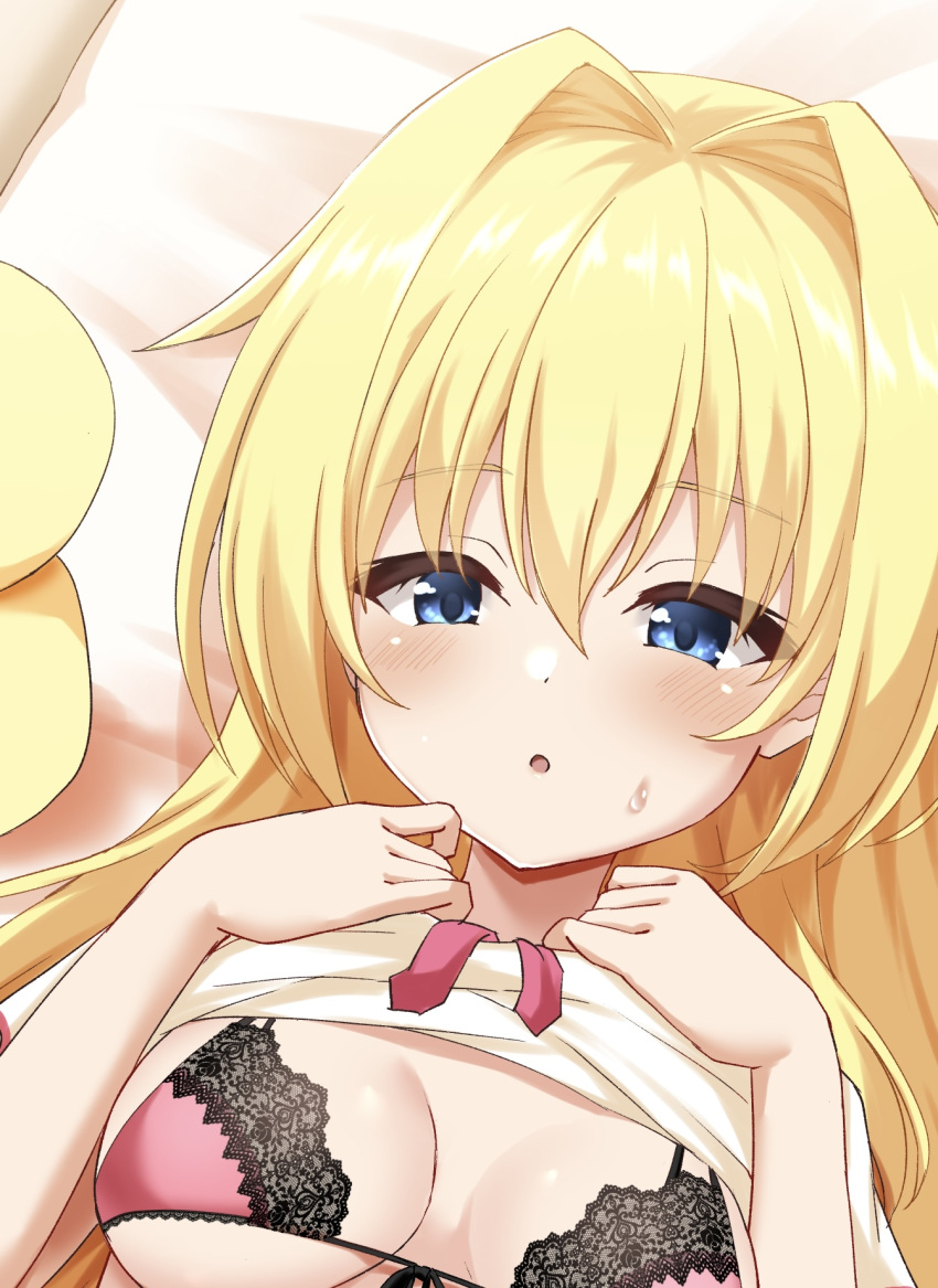 :o black_bra blonde_hair blue_eyes blush bra breasts breasts_apart breasts_out chitose_sana clothes_lift commentary_request dutch_angle female front-tie_bra hair_between_eyes hair_down hair_intakes hands_up highres lifting_own_clothes lingerie long_hair looking_at_viewer lying medium_breasts on_back on_bed open_mouth ryochapu shirt_lift shy solo sweatdrop tenshinranman tsurime underwear upper_body