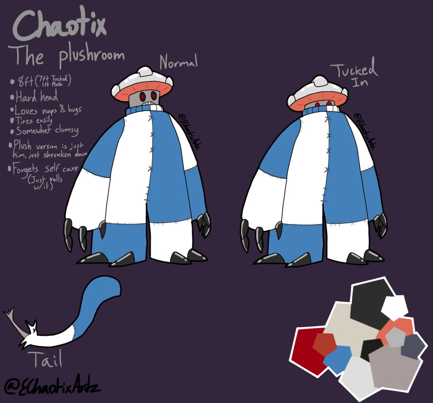 ambiguous_gender biped blue_body chaotix_(e_chaotix_artz) e_chaotix_artz_(artist) elemental_creature elemental_humanoid fungi_fauna fungi_humanoid fungus hi_res humanoid model_sheet mushroom mushroom_cap mushroom_humanoid plushie plushroom red_eyes solo tail white_body