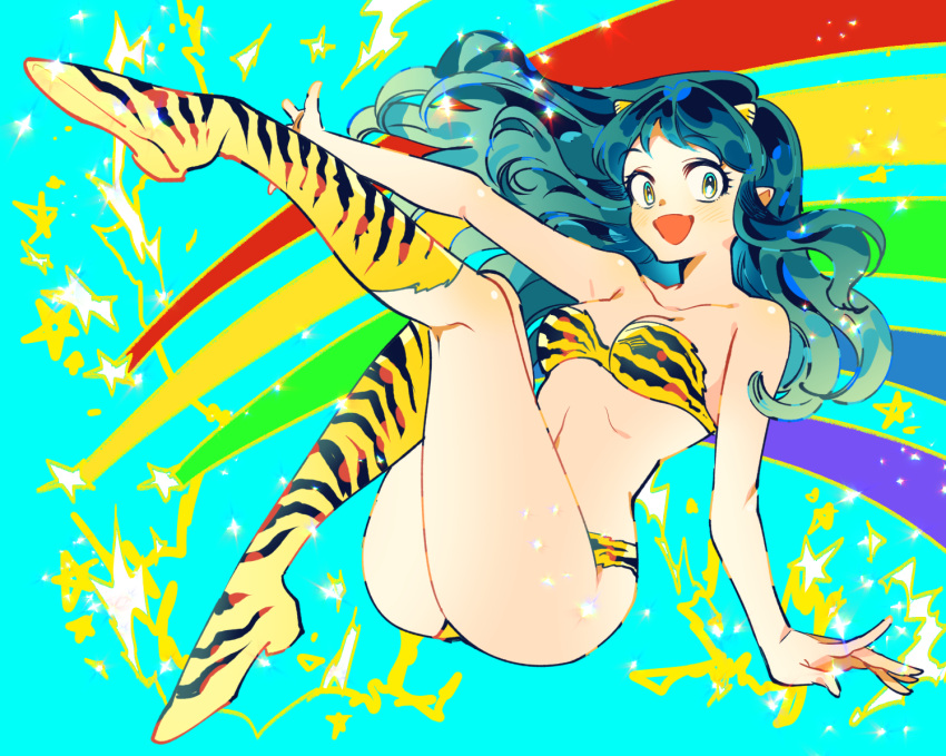 aqua_background aqua_hair bikini boots commentary cone_horns dandalian female floating_hair full_body horns knee_boots long_hair looking_at_viewer lum open_mouth sidelocks smile solo sparkle swimsuit symbol-only_commentary urusei_yatsura