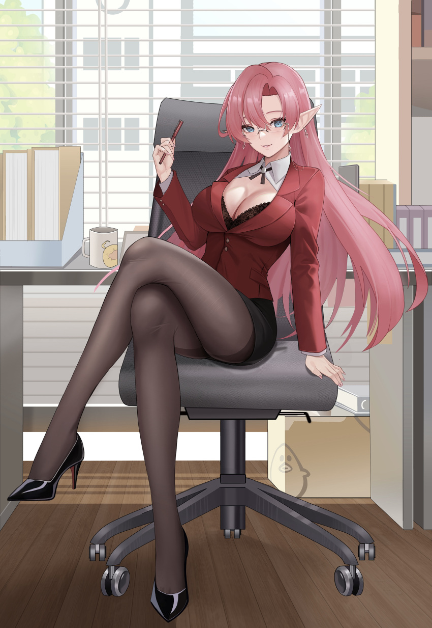 absurdres azur_lane black_bra black_pantyhose bra bra_peek breasts chair chimen cleavage crossed_legs duke_of_york_(azur_lane) duke_of_york_(the_chic_counselor)_(azur_lane) female full_body glasses highres holding holding_pen jacket long_hair office_chair official_alternate_costume pantyhose pen pencil_skirt pointy_ears red_eyes red_jacket semi-rimless_eyewear sitting skirt solo solo_focus swivel_chair underwear