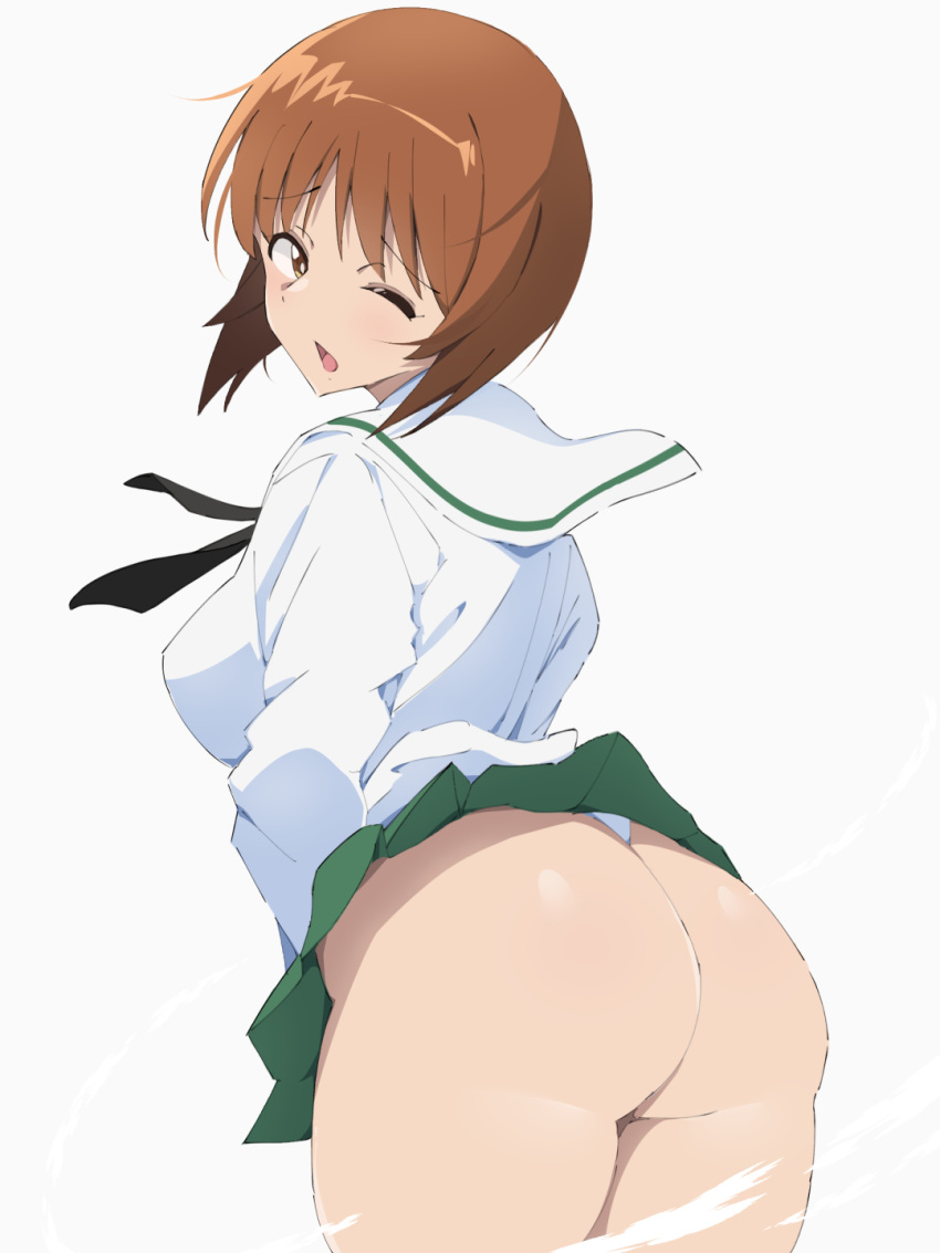 ass black_neckerchief blouse brown_eyes brown_hair clothes_lift commentary cowboy_shot female from_behind frown girls_und_panzer green_skirt highres kurusux leaning_forward long_sleeves looking_at_viewer looking_back microskirt neckerchief nishizumi_miho one_eye_closed ooarai_school_uniform open_mouth panties pleated_skirt sailor_collar school_uniform serafuku shirt short_hair simple_background skirt skirt_lift skirt_tug solo standing thong underwear white_background white_panties white_sailor_collar white_shirt wince wind wind_lift