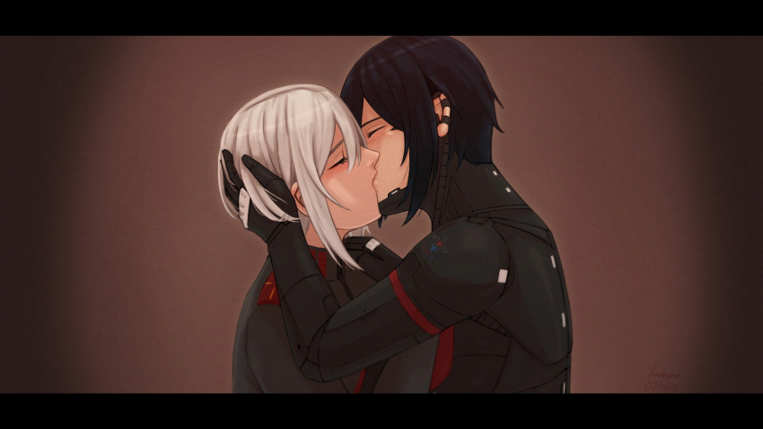 2girls android ariane_yeong black_bodysuit black_hair bodysuit closed_eyes elster_(signalis) hand_on_another's_head highres kissing multiple_girls short_hair sidelocks signalis white_hair yinabyna yuri