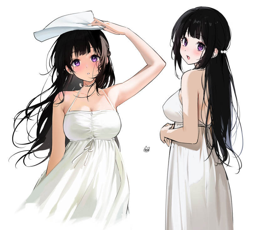 :o arm_up armpits black_hair blush breasts chitanda_eru cleavage collarbone cropped_legs dress female floating_hair highres hyouka large_breasts long_hair looking_at_viewer looking_to_the_side mery_(yangmalgage) multiple_views own_hands_together purple_eyes simple_background sleeveless sleeveless_dress straight_hair very_long_hair white_background white_dress