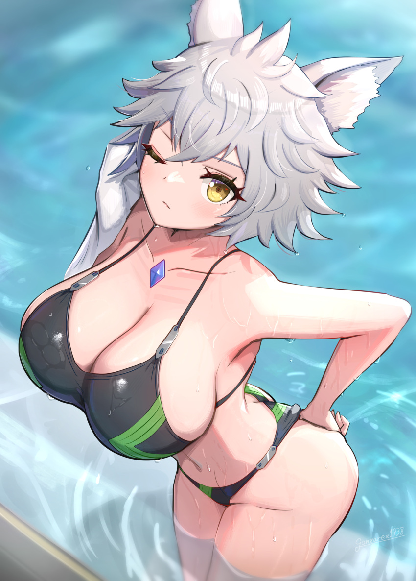 absurdres animal_ear_fluff animal_ears bikini black_bikini breasts cat_ears cat_girl chest_jewel cleavage collarbone crossed_bangs eyelashes female gonzarez highres large_breasts messy_hair na'el_(xenoblade) one_eye_closed pool short_hair solo swimsuit towel wet white_hair xenoblade_chronicles_(series) xenoblade_chronicles_3 xenoblade_chronicles_3:_future_redeemed yellow_eyes