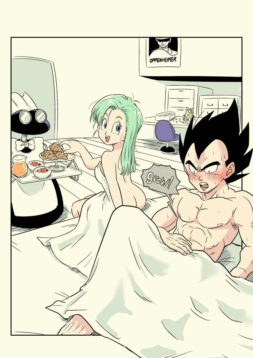 1boy :d absurdres ass bed_sheet black_hair blue_eyes blush breasts bulma_briefs completely_nude couple croissant dragon_ball dragon_ball_z female food green_hair highres holding holding_plate indoors long_hair medium_breasts naked_sheet nude pink_mousse plate sideboob smile spiked_hair straight straight_hair sweatdrop vegeta