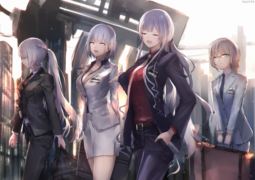 4girls ak-12_(girls'_frontline) ak-12_(lucia)_(girls'_frontline) ak-15_(erwin)_(girls'_frontline) ak-15_(girls'_frontline) an-94_(antje)_(girls'_frontline) an-94_(girls'_frontline) aqua_eyes artist_name belt breasts business_suit carrying_bag cleavage closed_eyes commentary_request defy_(girls'_frontline) formal girls'_frontline glasses highres id_card large_breasts long_hair luggage md5_mismatch multiple_girls necktie nekoya_(liu) official_alternate_costume open_mouth pants ponytail purple_eyes red_shirt resolution_mismatch rpk-16_(girls'_frontline) rpk-16_(renate)_(girls'_frontline) shirt short_hair sidelocks skirt source_larger suit suitcase white_hair white_shirt