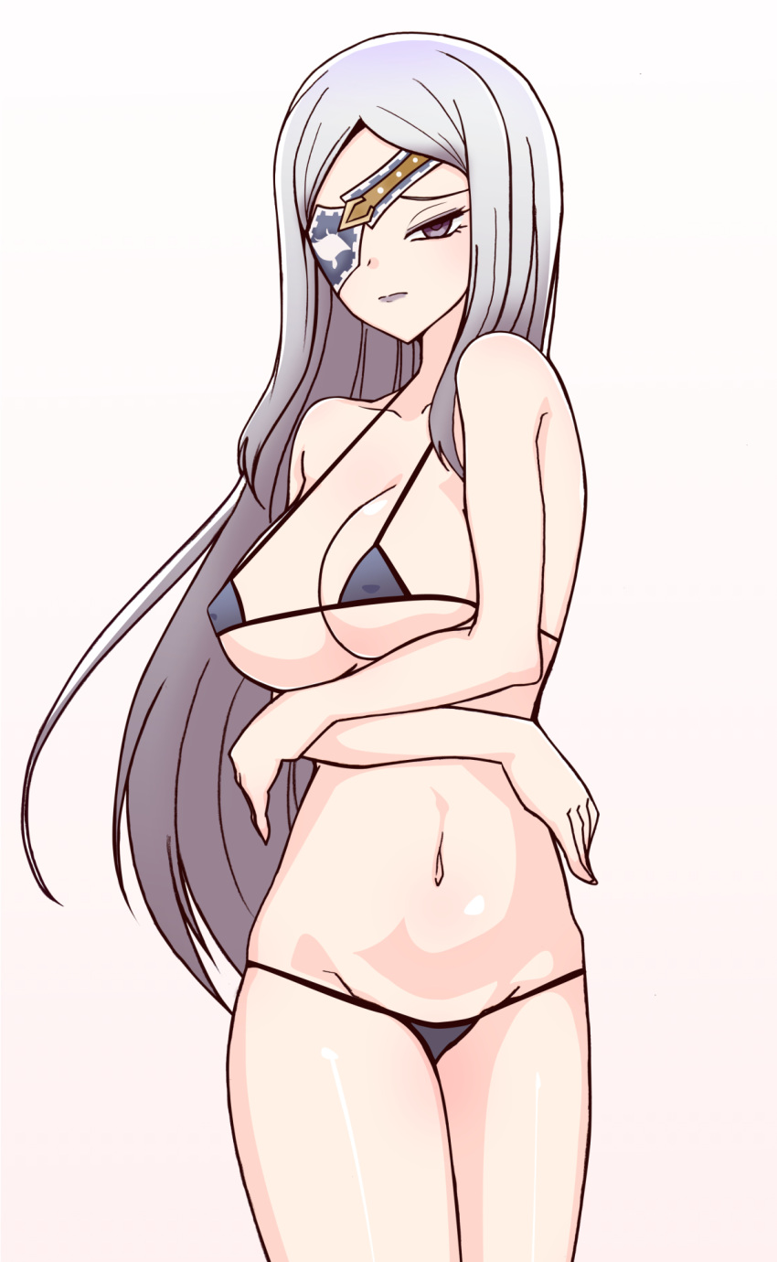 arms_under_breasts bifrons_(megido72) bikini breasts crossed_arms eyepatch female grey_bikini grey_hair highres hinata_(koukouya) large_breasts legs_together long_hair looking_at_viewer megido72 micro_bikini narrowed_eyes navel purple_eyes simple_background solo swimsuit very_long_hair