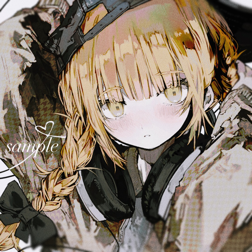 backwards_hat black_bow black_hat blonde_hair blunt_bangs blush bow braid brown_jacket commentary commission english_commentary female hairbow hat headphones headphones_around_neck heart jacket long_hair long_sleeves original pale_skin parted_lips sample_watermark solo tekito_midori twintails upper_body watermark yellow_eyes