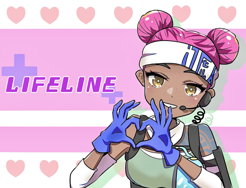 animification apex_legends arm_tattoo bad_id bad_pixiv_id blue_gloves character_name dark-skinned_female dark_skin detached_sleeves double_bun eyeshadow female gloves green_tank_top hair_bun head_tilt headset heart heart_hands highres lifeline_(apex_legends) looking_at_viewer makeup mask mask_around_neck nepitasu pink_eyeshadow pink_hair smile solo tank_top tattoo