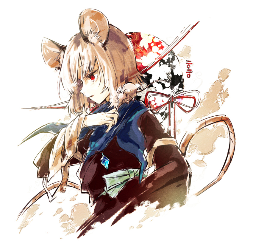 2020 animal animal_ears animal_on_shoulder black_dress capelet chinese_zodiac dress female from_side hand_up highres hisona_(suaritesumi) jewelry long_sleeves looking_down medium_hair mouse_(animal) mouse_ears mouse_on_shoulder mouse_tail nazrin pendant red_eyes simple_background solo string string_of_fate tail touhou upper_body white_background white_hair year_of_the_rat