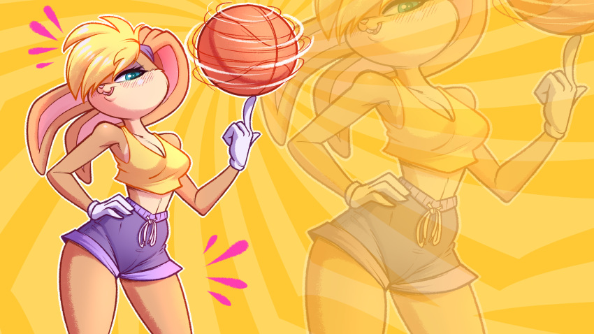 16:9 2020 4_fingers 4k absurd_res anthro ball basketball_(ball) blonde_hair blue_eyes bottomwear clothed clothing female fingers gloves hair hand_on_hip handwear hi_res lagomorph leporid lola_bunny looney_tunes mammal midriff rabbit sallyhot shirt shorts solo topwear wallpaper warner_brothers zoom_layer