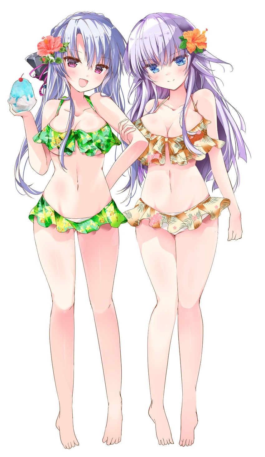 2girls :d arm_at_side arm_hug asahina_yori bare_arms bare_shoulders barefoot bikini blue_eyes blue_hair blush braid breasts cleavage closed_mouth collarbone commentary_request crown_braid curvy eyelashes eyes_visible_through_hair feet flower food frilled_bikini frills green_bikini hair_between_eyes hair_flower hair_ornament hand_up highres holding holding_food holding_ice_cream ice_cream large_breasts long_hair looking_at_viewer multiple_girls navel open_mouth orange_bikini orange_flower purple_hair red_eyes red_flower siblings sidelocks simple_background sisters smile sorakado_ai sorakado_ao standing stomach straight-on summer_pockets swimsuit thighs toes twintails very_long_hair white_background