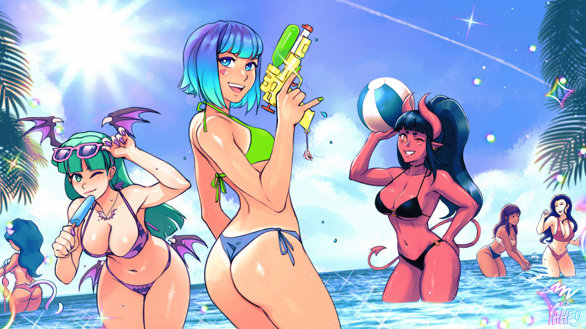 6+girls absurdres aqua_hair arm_up asami_sato avatar_legends ball beachball bikini black_bikini black_hair blue_eyes blue_hair blue_sky blunt_bangs breasts cleavage cloud cloudy_sky collaboration colored_skin commentary day demon_tail dreamgirl_(iahfy) english_commentary eyewear_on_head felicia_(vampire) food from_behind gradient_hair green_eyes green_hair green_nails head_wings heart highres holding holding_ball holding_beachball holding_water_gun horizon horns iahfy korra large_breasts leaning_forward long_hair low_wings medium_breasts morrigan_aensland multicolored_hair multiple_girls navel one_eye_closed open_mouth original outdoors partially_submerged plant pointy_ears ponytail popsicle print_bikini purple_bikini purple_nails red_bikini red_horns red_skin short_hair sky small_breasts smile sparkle swimsuit synth_(iahfy) tail tan tanlines the_legend_of_korra unworn_bikini_top vampire_(game) vashperado water_gun wings