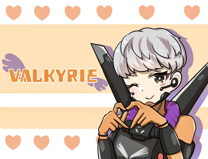 animification apex_legends armor bad_id bad_pixiv_id blush bodysuit character_name female gloves grey_hair head_tilt headset heart heart_hands highres jetpack nepitasu one_eye_closed orange_bodysuit orange_gloves short_hair smile solo valkyrie_(apex_legends)