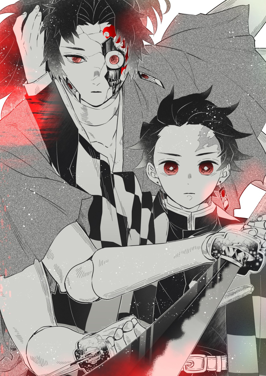 1boy aiming aiming_at_viewer arm_up belt blurry checkered_clothes crack damaged demon_slayer_uniform depth_of_field doll earrings extra_arms facial_mark haori highres holding holding_sword holding_weapon japanese_clothes jewelry kamado_tanjirou kimetsu_no_yaiba long_hair long_sleeves looking_at_viewer male_focus matching_earrings mechanical_parts mintiaorion open_mouth ponytail red_eyes scar scar_on_face scar_on_forehead short_hair simple_background solo spot_color sword uneven_eyes unsheathed upper_body weapon yoriichi_zeroshiki