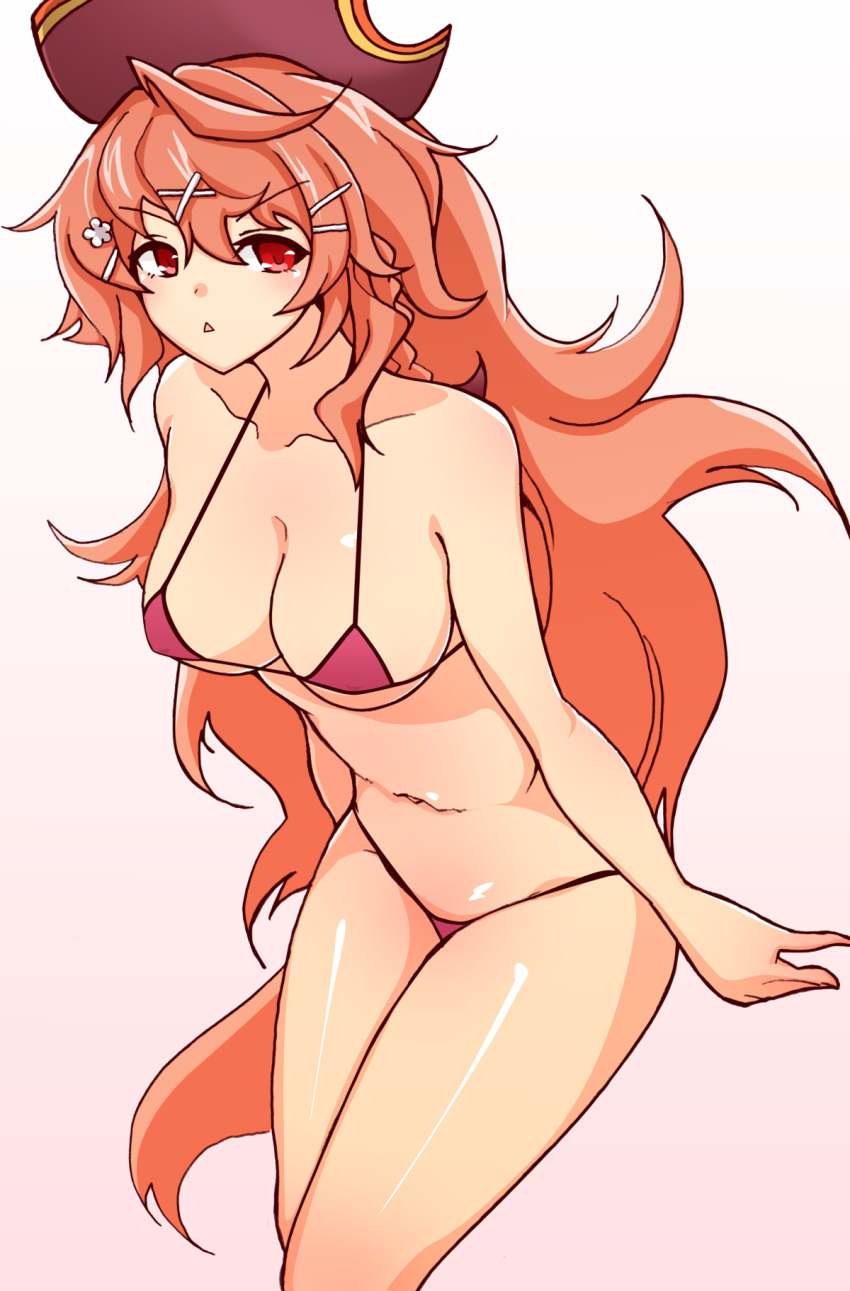 bikini braid breasts female flower hair_between_eyes hair_flower hair_ornament hairclip hat highres hinata_(koukouya) leaning_forward long_hair looking_at_viewer medium_breasts megido72 micro_bikini naberius_(megido72) orange_hair red_bikini red_eyes solo sweatdrop swimsuit very_long_hair x_hair_ornament