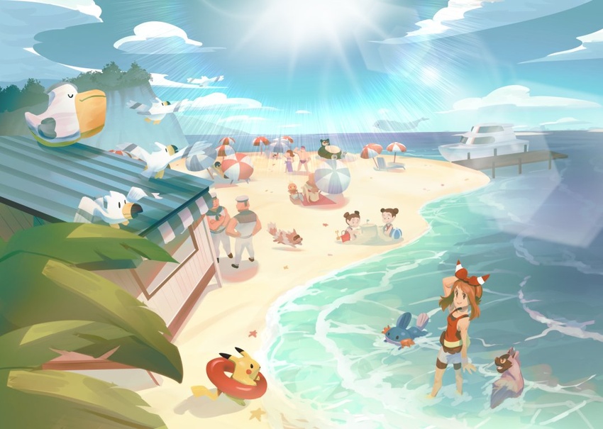 4boys 5girls beach beach_towel beach_umbrella boat building cloud commentary cyanroll day hoenn_route_109 innertube may_(pokemon) mudkip multiple_boys multiple_girls outdoors pants pelipper pikachu pokemon pokemon_(creature) pokemon_oras poochyena sailor_(pokemon) sand sand_castle sand_sculpture shirt shore sky snorlax standing starfish swim_ring towel tuber_(pokemon) umbrella wading wailord water watercraft white_pants white_shirt wingull zigzagoon