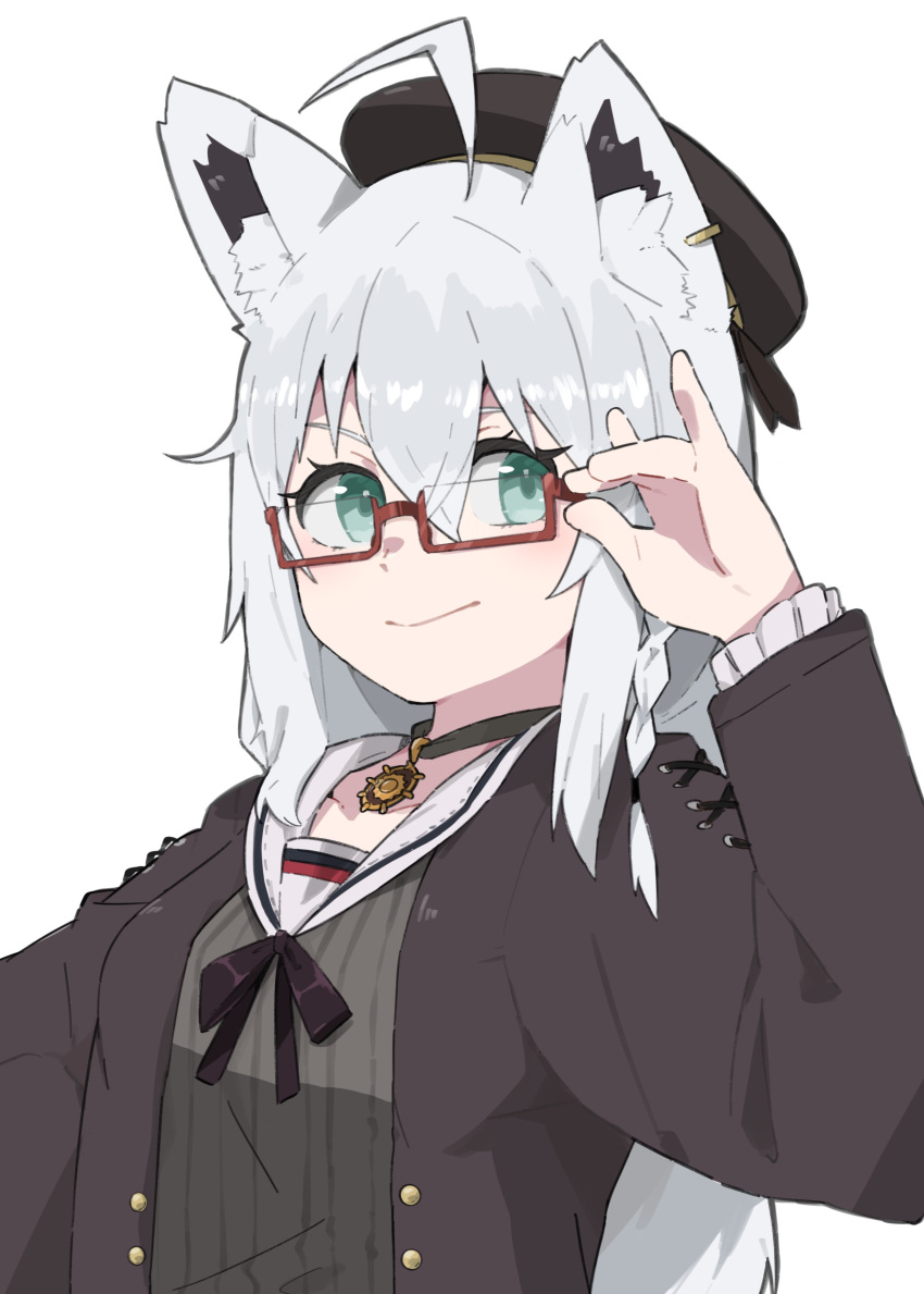 absurdres ahoge animal_ears aqua_eyes beret braid choker cosplay donkoni female fox_ears fox_shadow_puppet glasses hat highres hololive long_hair shirakami_fubuki shiranui_flare shiranui_flare_(cosplay) shiranui_flare_(street) shirt solo striped_clothes striped_shirt virtual_youtuber white_background white_hair