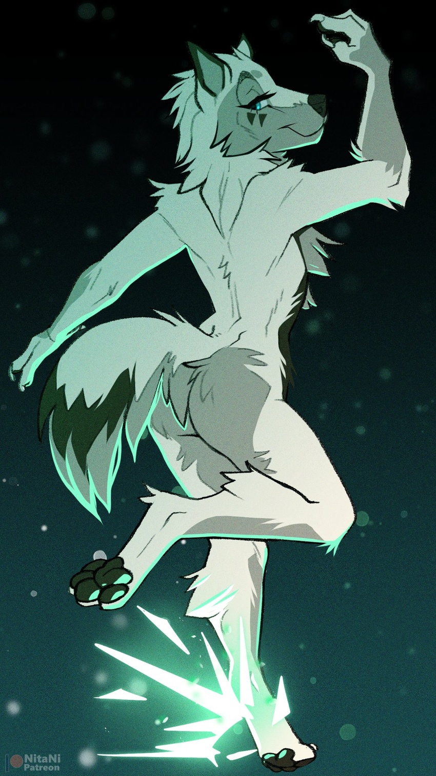 4_toes 9:16 anthro ass black_nose blue_eyes breasts butt_pose canid canine claws digital_media_(artwork) eyebrows eyelashes feet female fingers fur hi_res mammal nitani nude pose smile solo toes white_body white_fur