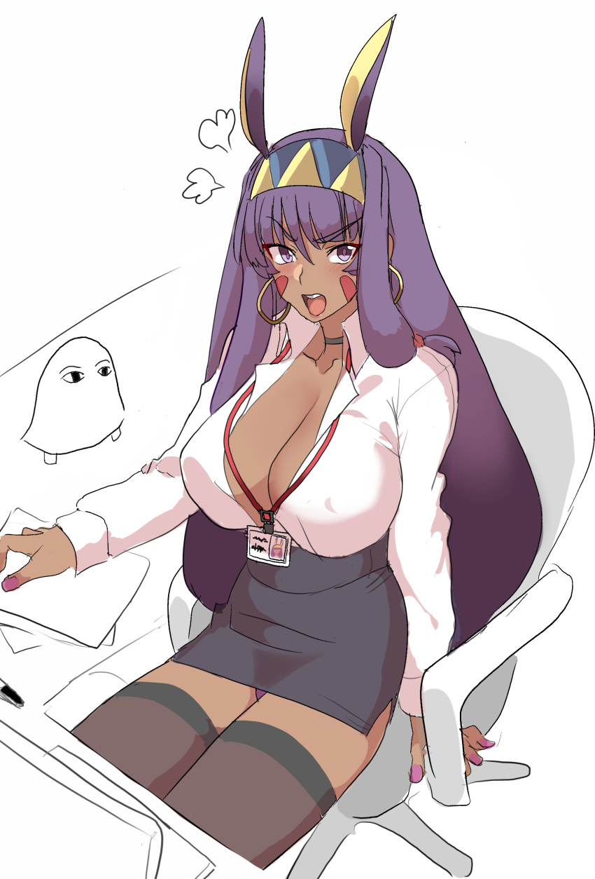 absurdres angry animal_ears breasts choker cleavage covered_nipples dark-skinned_female dark_skin dora_v_nu earrings facial_mark fate/grand_order fate_(series) female hairband highres hoop_earrings jackal_ears jewelry large_breasts long_hair nitocris_(fate) office_lady open_clothes open_mouth partially_colored sitting solo