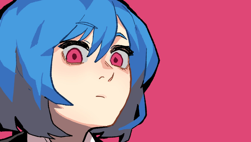 blue_hair borrowed_character closed_mouth commentary english_commentary female gogalking highres looking_at_viewer original pink_background pink_eyes portrait short_hair simple_background skye_(hcnone) solo