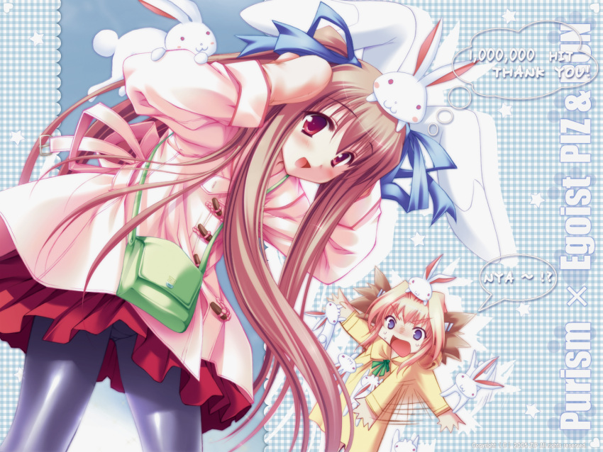 2000s_(style) 2girls animal_ears archived_source bad_link black_pantyhose blonde_hair bmp-to-png_conversion brown_hair character_name coat dog_ears gingham_background green_bag hair_intakes hair_ribbon hands_on_own_head highres milestone_celebration mittens moekibara_fumitake multiple_girls panties panties_under_pantyhose pantyhose pink_coat piz purism_egoist purple_eyes rabbit rabbit_ears red_eyes red_skirt ribbon robot robot_ears run_(purism_egoist) skirt smile underwear waving_arms winter_clothes yellow_coat