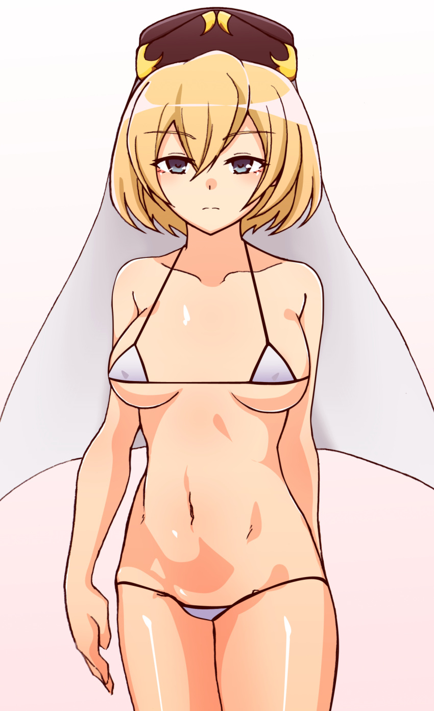 bathin_(megido72) bikini blonde_hair blush breasts collarbone female grey_bikini grey_eyes hair_between_eyes hat highres hinata_(koukouya) looking_at_viewer medium_breasts megido72 micro_bikini navel short_hair simple_background solo swimsuit veil