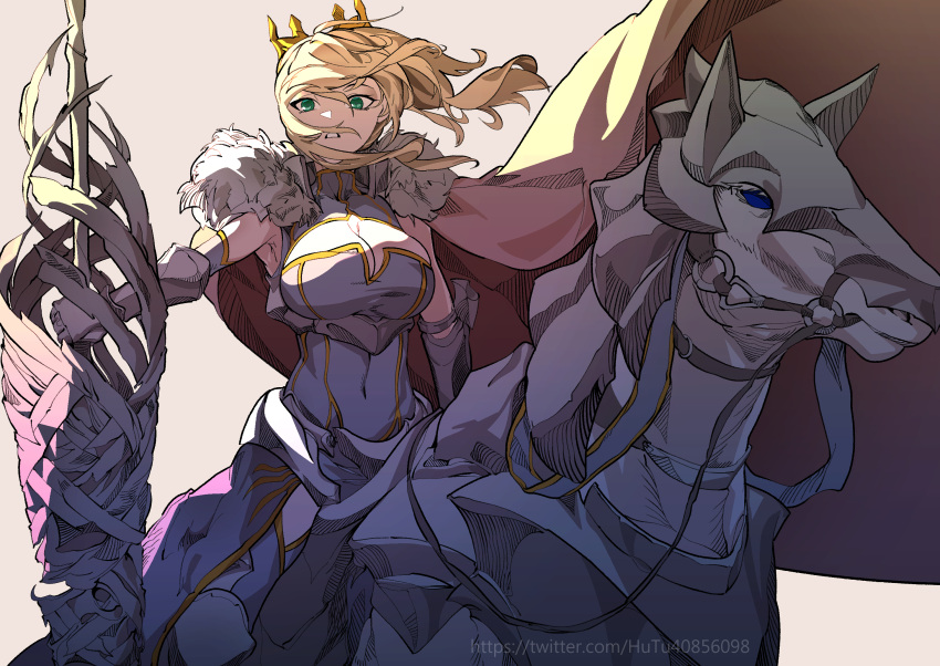 1other artoria_pendragon_(fate) artoria_pendragon_(lancer)_(fate) bad_id bad_pixiv_id blonde_hair breasts cape crown d: dun_stallion_(fate) fate/grand_order fate_(series) female green_eyes highres horse horseback_riding hu_tu large_breasts rhongomyniad_(fate) riding simple_background white_background