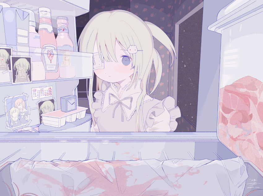 bandages bow crazy eguchi_saan eyepatch female hair_ornament hairclip highres looking_inside original pale_skin pastel_colors picture_(object) purple_eyes raw_meat refrigerator ribbon short_ponytail solo white_hair