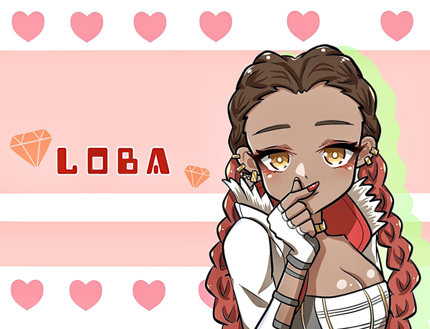 animification apex_legends bad_id bad_pixiv_id braid breasts brown_eyes brown_hair character_name cleavage dark-skinned_female dark_skin double_bun eyeshadow female finger_heart fur_trim gold_choker gradient_hair hair_behind_ear hair_bun heart highres jacket loba_(apex_legends) looking_at_viewer makeup multicolored_hair nepitasu red_eyeshadow red_hair smile solo twin_braids white_jacket