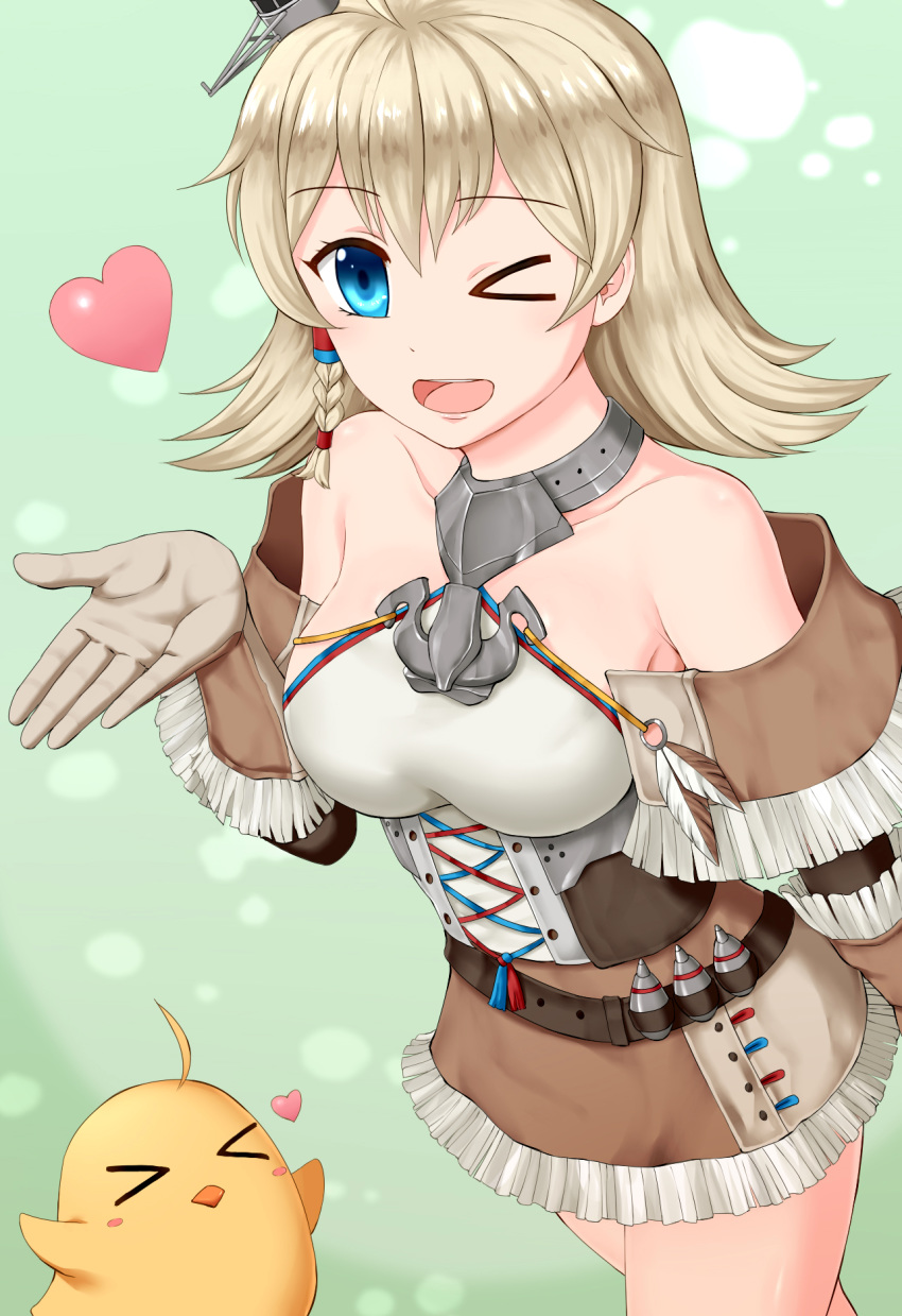 >_< >_o ahoge anchor_symbol azur_lane bare_shoulders belt bird blonde_hair blue_eyes blush braid breasts brown_belt brown_gloves brown_skirt chick collar collarbone commentary_request corset cowboy_shot detached_sleeves female gloves green_background hair_between_eyes hair_ornament hand_up heart highres impossible_clothes looking_at_viewer manjuu_(azur_lane) medium_breasts medium_hair metal_collar miniskirt oklahoma_(azur_lane) oklahoma_(retrofit)_(azur_lane) one_eye_closed open_hand open_mouth pazuzu438 side_braid sidelocks simple_background skirt smile solo_focus standing teeth upper_teeth_only