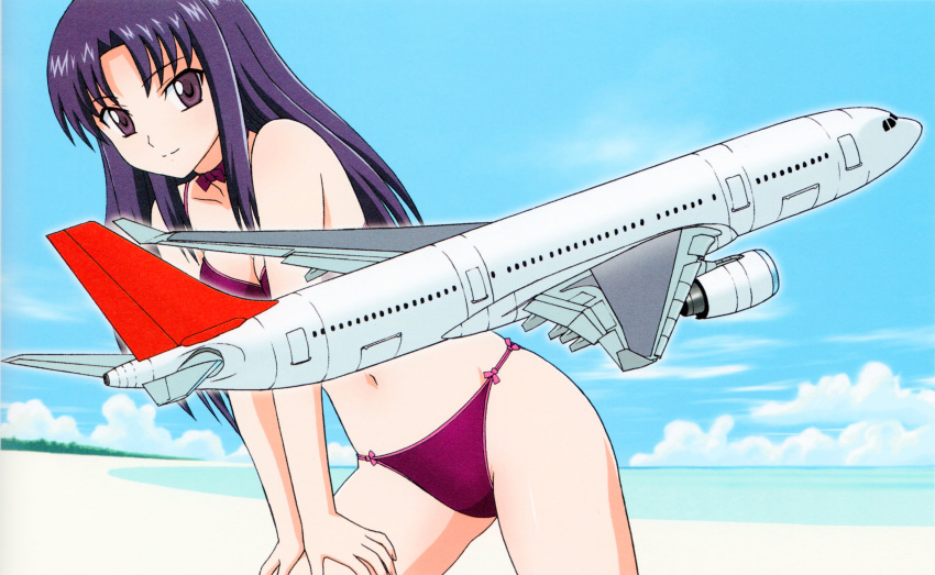 absurdres airbus airbus_a330 aircraft airplane bare_shoulders beach blue_sky blurry blurry_background bow bow_panties bra breasts choker cleavage closed_mouth cloud collarbone day female hands_on_own_thighs highres kisaragi_sayaka leaning_forward long_hair looking_at_viewer medium_breasts navel ocean official_art outdoors panties parted_bangs purple_bow purple_bra purple_eyes purple_hair purple_panties ribbon sand sky solo standing stratos_4 tree underwear underwear_only vehicle_focus yamauchi_noriyasu