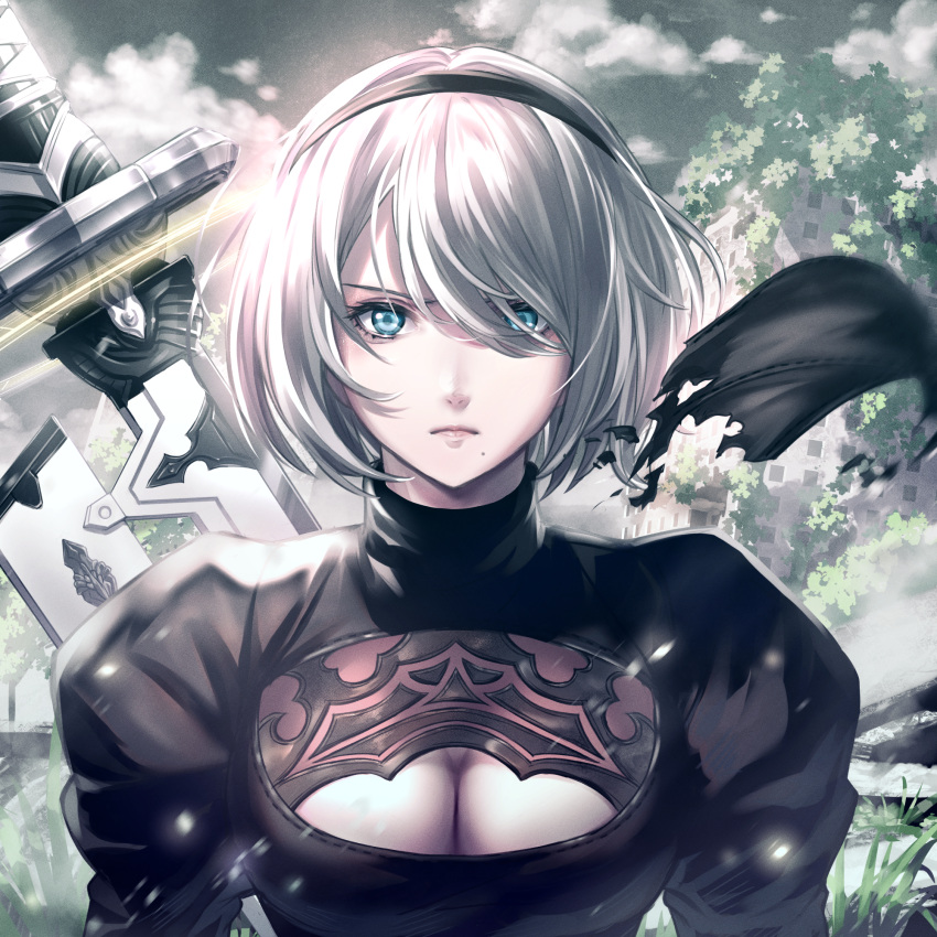 2b_(nier:automata) aqua_eyes black_dress black_hairband breasts cleavage_cutout closed_mouth clothing_cutout cloud commentary_request dress female grey_hair gyoza_(pi512126) hair_over_one_eye hairband highres juliet_sleeves lips long_sleeves looking_at_viewer medium_breasts mole mole_under_mouth nier:automata nier_(series) no_blindfold outdoors partial_commentary pink_lips puffy_sleeves short_hair sky solo swept_bangs sword sword_on_back weapon weapon_on_back