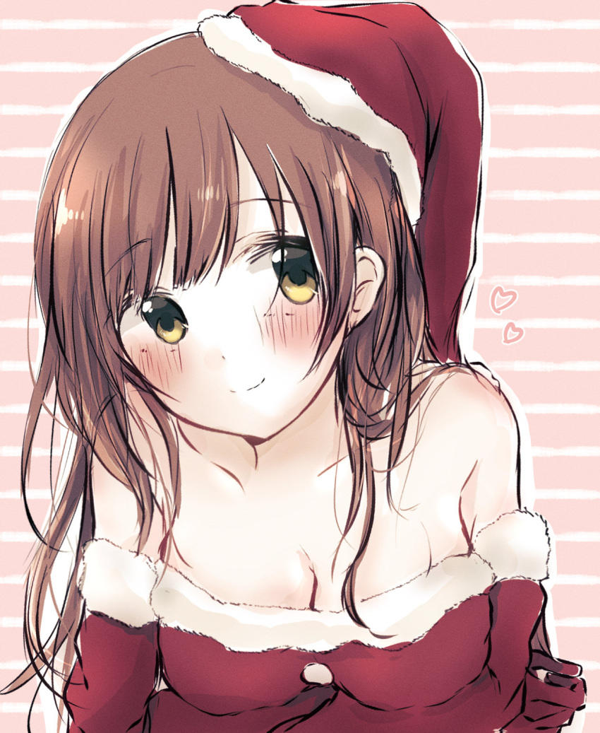 arms_under_breasts baran._(ba_ra_ran) blunt_bangs blush breasts brown_hair cleavage closed_mouth collarbone commentary dress elbow_gloves female fur-trimmed_dress fur-trimmed_gloves fur_trim gloves hair_down hat heart highres idolmaster idolmaster_cinderella_girls igarashi_kyoko long_hair looking_at_viewer medium_breasts pink_background red_dress red_gloves santa_costume santa_hat sidelocks smile solo split_mouth strapless strapless_dress striped_background swept_bangs symbol-only_commentary upper_body yellow_eyes