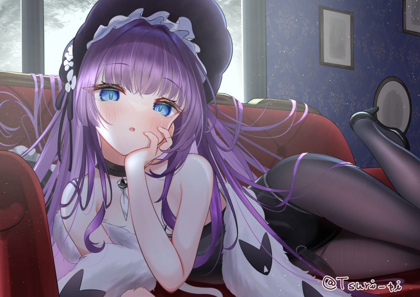 arm_support artist_name azur_lane black_choker black_footwear black_hat black_leotard black_pantyhose blue_eyes bonnet choker commentary couch feather_boa female hair_intakes hand_on_own_cheek hand_on_own_face hat high_heels highres indoors leotard light_blush light_particles light_rays long_hair lying messy_hair no_nose on_couch on_side open_mouth pantyhose pendant_choker portrait_(object) purple_hair sidelocks strapless strapless_leotard sunbeam sunlight tashkent_(azur_lane) tashkent_(the_sprite's_snapshot)_(azur_lane) thong_leotard tsuri_pi very_long_hair window