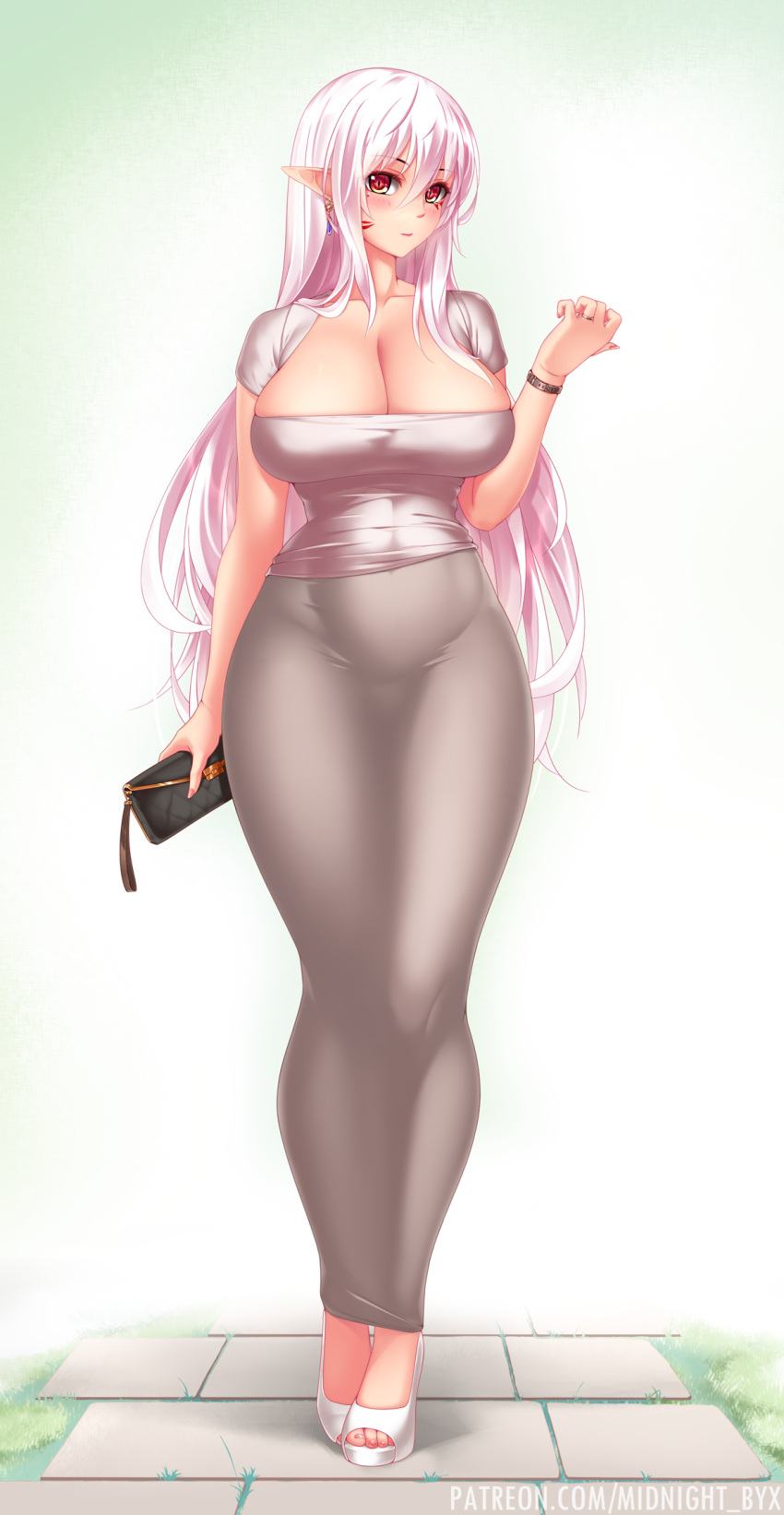 bag breasts cleavage curvy dongtan_dress dress facial_mark female handbag high_heels highres holding holding_bag huge_breasts long_dress long_hair meme_attire mermaid_dress midnight_(banyex) original pencil_dress pink_hair plump pointy_ears red_eyes scoop_neck taut_clothes taut_dress tight_clothes tight_dress