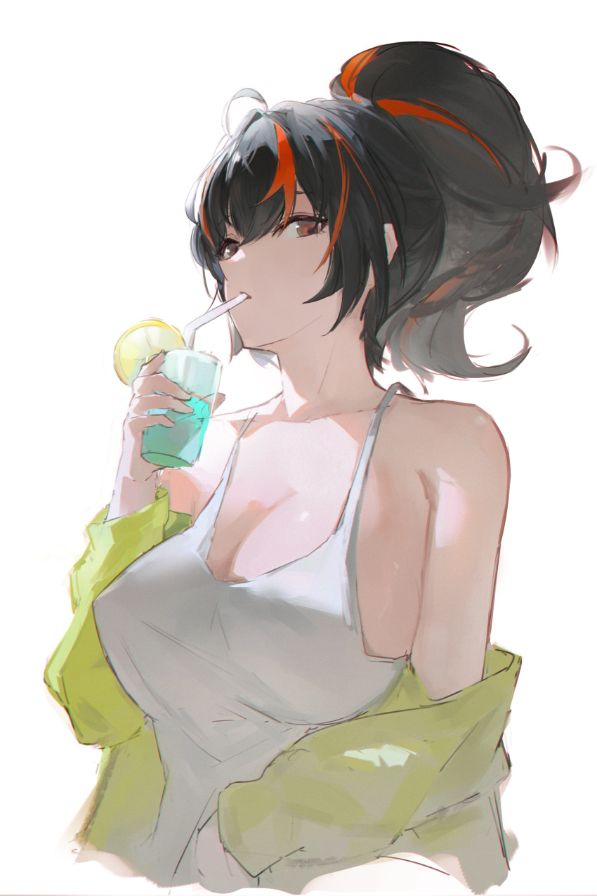 absurdres alternate_costume black_hair breasts camisole commentary cropped_torso cup drinking drinking_straw drinking_straw_in_mouth female hand_up highres holding holding_cup jacket large_breasts long_hair looking_at_viewer looking_to_the_side off_shoulder ponytail red_eyes revision sideboob simple_background solo white_background white_camisole yellow_jacket yingmusang-l1f zenless_zone_zero zhu_yuan