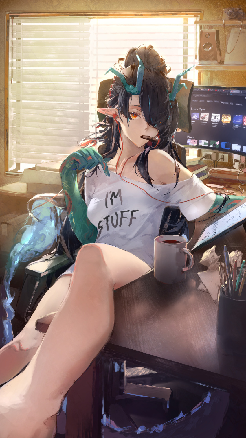 absurdres arknights arm_up bare_legs barefoot black_hair blue_horns book box cable cardboard_box chair clothes_writing coffee coffee_mug commentary crumpled_paper cup desk dusk_(arknights) earphones english_commentary english_text female gandy_(gan3e46) hair_bun hair_over_one_eye highres horns i'm_stuff_(meme) legs_on_table long_hair looking_at_viewer meme mug no_legwear office_chair on_chair paper parted_bangs pen pen_in_mouth pointy_ears red_eyes shirt single_bare_shoulder sitting sketching speaker swept_bangs swivel_chair t-shirt tail thighs white_shirt window