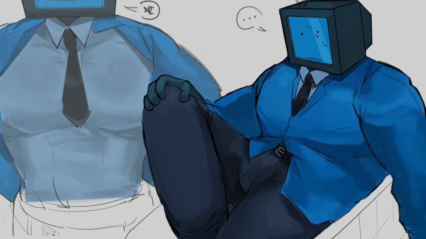 ... 1boy bara between_pectorals blue_theme bulge collage covered_nipples feet_out_of_frame highres huge_pectorals long_sleeves male_focus muscular muscular_male necktie necktie_between_pectorals object_head original pants pectorals pixelsgay suit sweat sweaty_clothes