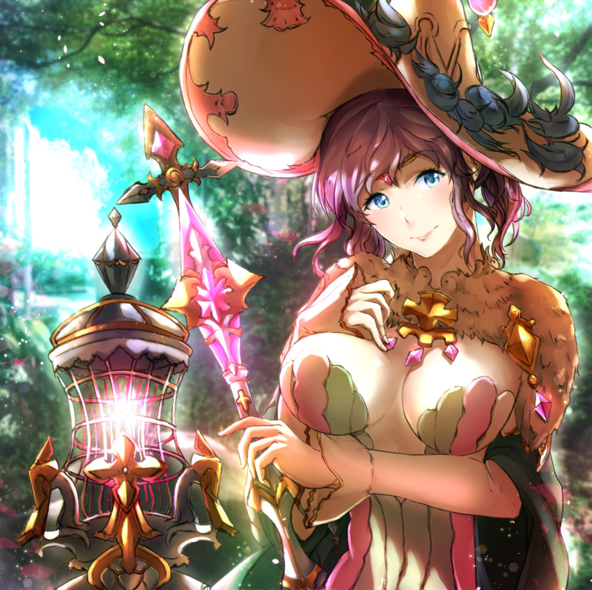 alternate_breast_size bad_id bad_pixiv_id blue_eyes blurry blurry_background breasts circlet cleavage commentary_request day female granblue_fantasy hat highres kuziaaizuk lantern large_breasts lennah long_sleeves looking_at_viewer outdoors purple_hair smile solo upper_body