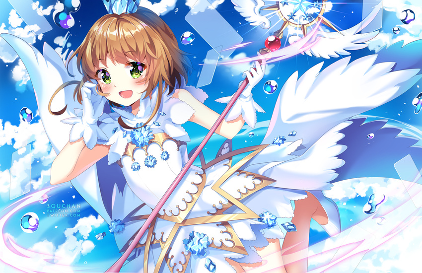 :d blue_sky blush brown_hair bubble cardcaptor_sakura cardcaptor_sakura_clear_card_arc clear_card cloud commentary crown day dress female gloves green_eyes holding holding_staff kinomoto_sakura kinomoto_sakura_(crystal_feather_dress) mini_crown open_mouth outdoors photoshop_(medium) shoes short_hair_with_long_locks sky smile solo squchan staff white_dress white_footwear white_gloves yume_no_tsue