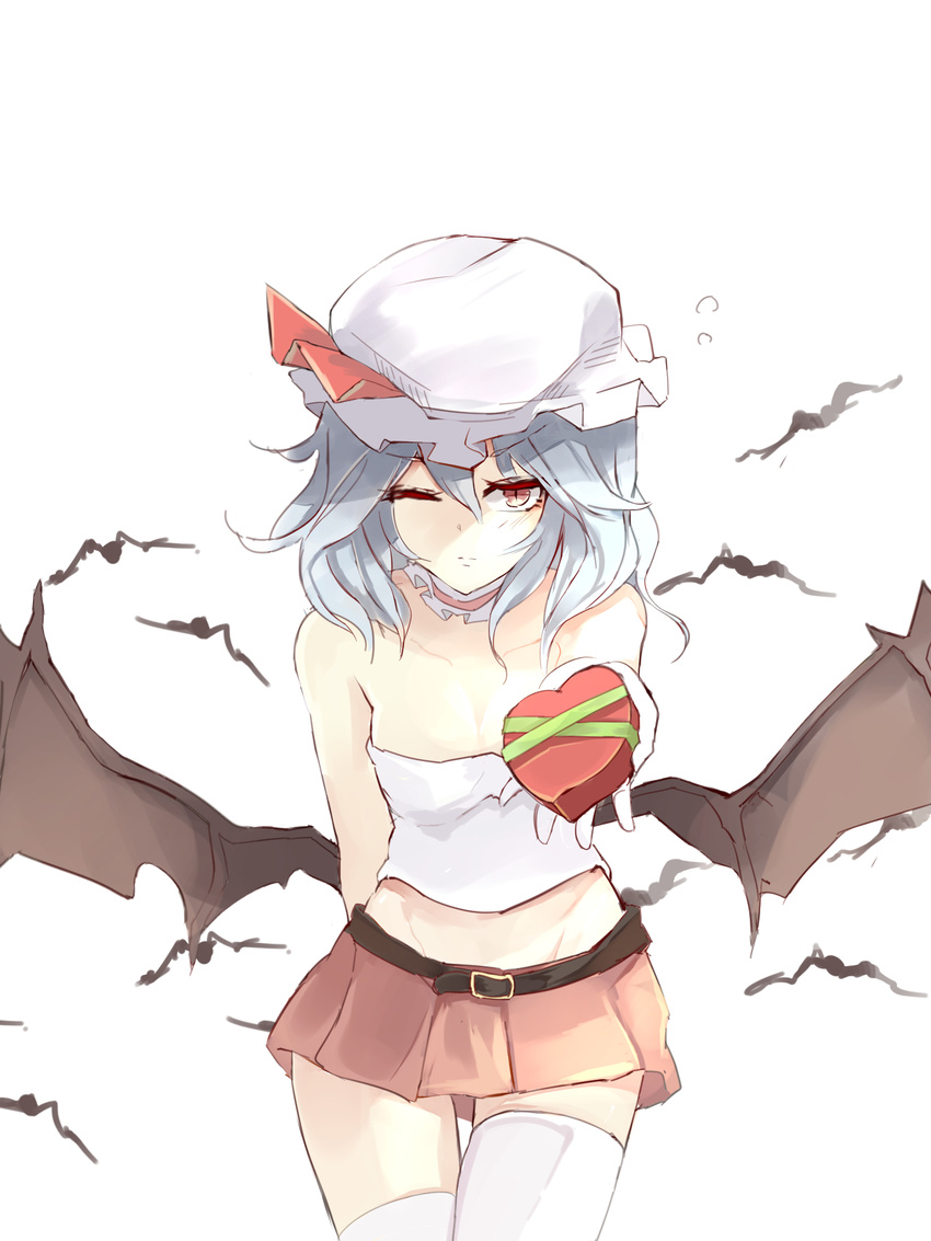 alternate_costume arm_behind_back bad_id bad_pixiv_id bare_shoulders bat_(animal) belt blue_hair blush box breasts choker cleavage collarbone cowboy_shot crop_top demon_wings expressionless female gift groin hat heart-shaped_box highres holding holding_gift medium_hair miniskirt mob_cap one_eye_closed red_eyes red_skirt remilia_scarlet simple_background skirt slit_pupils small_breasts solo thighhighs touhou valentine white_background white_thighhighs wings yu_kitsune