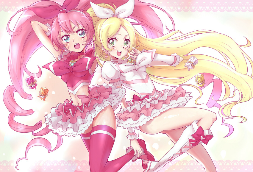 2girls :d blonde_hair blue_eyes blush boots bow breasts brooch choker commentary_request cure_melody cure_rhythm dory dress fary frills green_eyes heart houjou_hibiki jewelry knee_boots long_hair magical_girl midriff minamino_kanade miry multiple_girls navel open_mouth panties pink_bow pink_choker pink_hair pink_legwear ponytail precure rery ribbon small_breasts smile suite_precure sumiosmith thighhighs twintails underwear white_choker white_panties