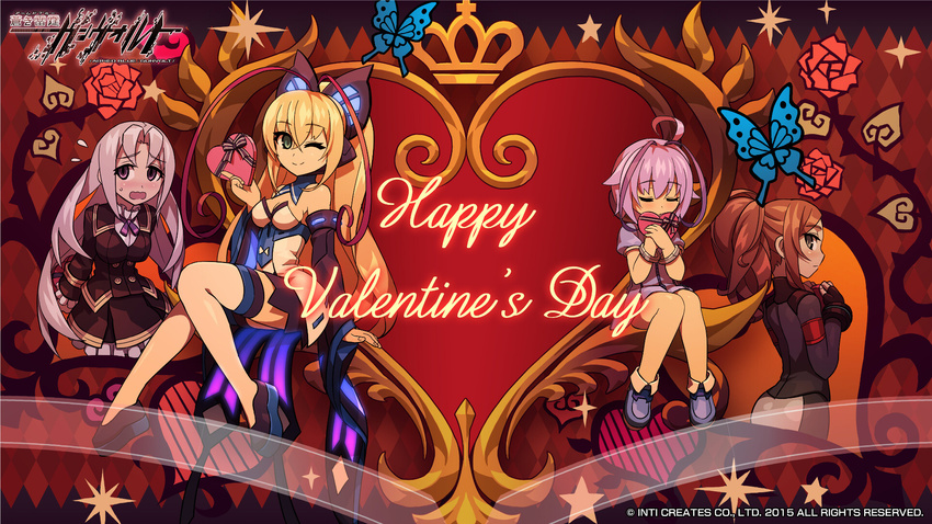 4girls azure_striker_gunvolt blonde_hair brown_hair closed_eyes elise_(gunvolt) gunvolt hatakeyama_yoshitaka highres joule_(gunvolt) light_purple_hair lumen_(gunvolt) monica_(gunvolt) multiple_girls official_art one_eye_closed ponytail thighhighs valentine